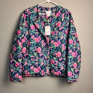 Stella Parker Collection Womens Floral Quilted Jacket Navy Blue Pink XL New